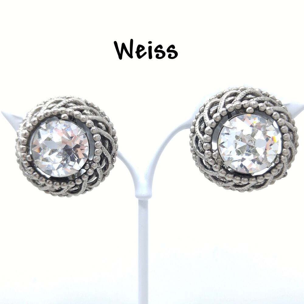 Vintage Weiss Headlight Crystal Clip Earrings 1950s Silver Tone Statement